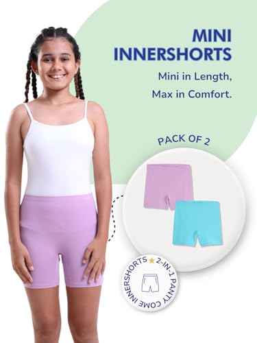Image of mackly Girls Mini Innershorts (Pack of 2) - Lightweight Cotton 2-in-1 Panty Shorts with Built-in Gusset, Full Coverage, Tag-Free Comfort