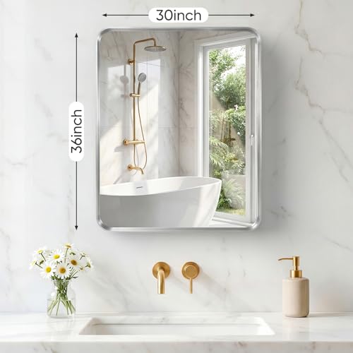 Image of Sweetcrispy Bathroom Mirror 36x30 Inch Metal Framed Rounded Rectangle Vanity Mirror for Wall, Over Sink, Farmhouse, Restroom, Anti-Rust, Modern Decorative, Horizontal or Vertical Hanging, Silver