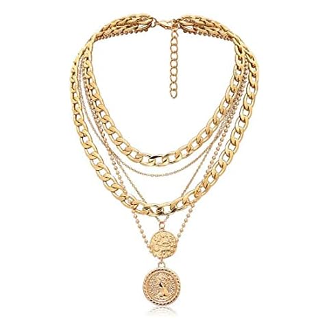 Bramian Vintage Punk Layered Medal Pendant Necklace Thick Choker Necklaces Gold Necklace Chain Jewelry Adjustable for Women and Girls Cover