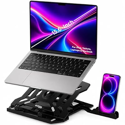 GIZGA Essentials Laptop Stand Riser for 12 to 15.6 Inch Laptop, MacBook, Tablet| Ergonomic Height/Angle Adjustable Stand with Phone Holder, Heat Dissipation, Anti-Slip Base, Portable Lightweight ABS