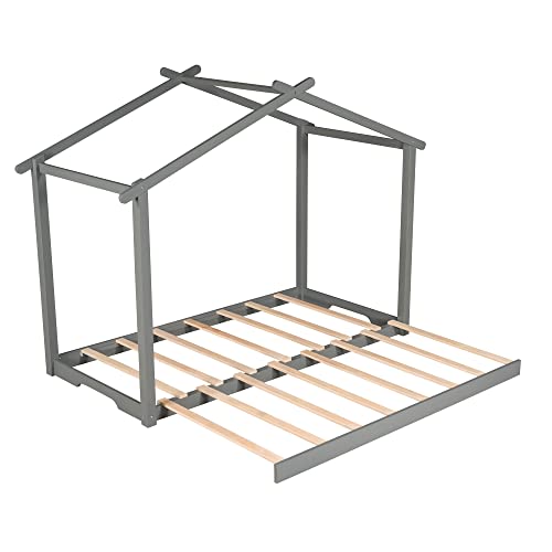 Modern Twin Xl/King Platform Bed, Wooden Platform Bed Frame With Trundle, Roof Design, Suitable For Children's Dormitory, Space Saving, No Box Required, Gray #TOP3