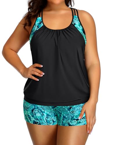 Image of Womens Plus Size Tankini Swimsuit Two Piece Tummy Control Bathing Suit | Blouson Racerback Tankini Top with Shorts, Double Up Design, Removable Pad