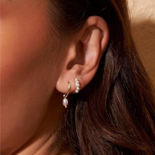 Image of Gold Plated Earrings for Women, 14k Gold Plated Earring Stack Hypoallergenic Pearl Drop Earring Dainty Earrings for Women Trendy Cute Small Huggie Hoop Earring Fashion Womens Jewelry