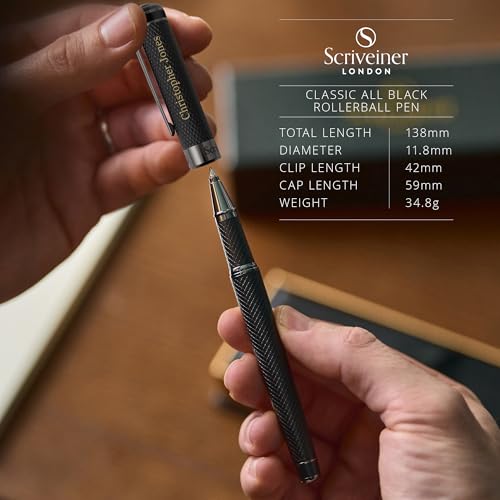 Image of Scriveiner All Black Rollerball Pen - Stunning Luxury All Metal Matt Black Pen, Schmidt Ink Refill, Best Roller Ball Gift Set for Men & Women, Professional, Executive Office, Custom Name Engraving