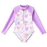 Picture of Angel season Girls Long Sleeve Bathing Suit Rash Guard One Piece Swimsuits Toddler Kids Swimwear with UPF 50+ Zipper Flamingo Purple Size 3T