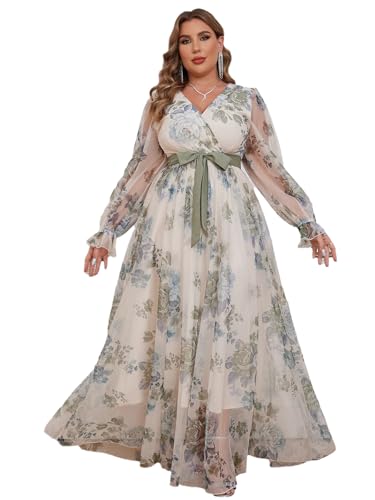 Image of Spring Summer 2024 Plus Size Womens Dresses V Neck Casual Elegant Long Sleeve Floral Print Maxi Dress
