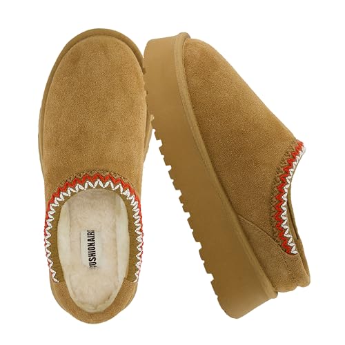 CUSHIONAIRE Kabuki Platform Boots Genuine Suede Fuzzy Mule Slippers for Women with Memory Foam | Indoor/Outdoor Womens Slippers | Wide Widths Available