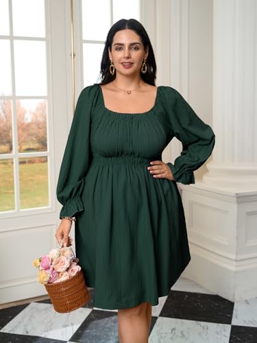 Plus Size Mini Dress for Curvy Women Long Sleeve Square Neck Elastic Waist A Line Textured Casual Short Fall Dresses2