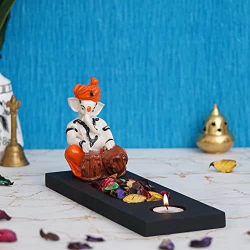 Image of eCraftIndia Orange White Resin Lord Ganesha Idol Playing Tabla Showpiece Potpourri Rectangle Tea Light Candle Holder| Ganpati Murti Tea Light Holder Diwali Decoration Items for Home Decor| Diwali Gift