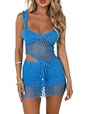 Sunloudy Women 2Pcs Crochet Knit Skirt Set Tube Crop Top + High Waist Bodycon Skirt Cover Up Beachwear(Blue,Small)