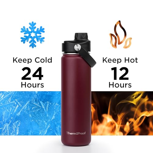 Image of ThermoProof Double-Walled Vacuum Insulated Stainless Steel Water Bottle - Wide Mouth with Chug & Spout Lids, Dishwasher Safe, Reusable, Leakproof, Hot & Cold for Men, Women & Kids - 22oz, Burgundy