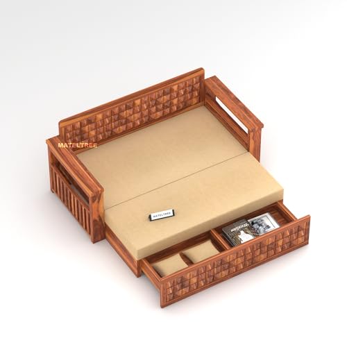 Image of Sheesham Wooden Sofa Cum Bed for Living Room with Side Pocket Storage - 3 Seater Sofa Cum Bed with Storage - 3 Person Sofa Cum Bed Wooden with Premium Cushion Seating (Honey F)