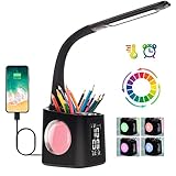 wanjiaone LED Desk Lamp with Clock,Color Changing Nightlight,Study Lamp with Pen Holder,Desk Light with USB Charger,Table Light for Home,Office,Gift for Kids,Students,Women,Black