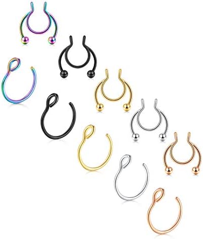 JFORYOU 6-10 Pieces 316L Steel Nose Ring Nose Hoop Fake Nose Ring Piercing Body Jewelry, 3-6 Colors, 8mm