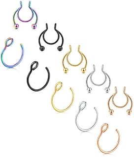 JFORYOU 6-10 Pieces 316L Steel Nose Ring Nose Hoop Fake Nose Ring Piercing Body Jewelry, 3-6 Colors, 8mm