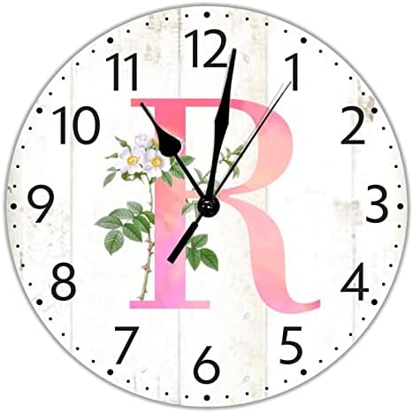 DONL9BAUER Monogram Letter R Wall Clock Watercolor Pink Letter Lily Flower Hanging Non-Ticking Battery Operated 12 Inch Name Initial Rustic Chic Clock For Home Living Room Bedroom Office Hotel