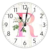 DONL9BAUER Monogram Letter R Wall Clock Watercolor Pink Letter Lily Flower Hanging Non-Ticking Batte