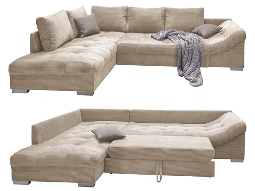 Wunderschönes Cord Ecksofa mit Schlaffunktion, Wellenunterfederung, gemütliches L-Sofa B298/T202/H84 cm, Longchair Ottomane links, Couch mit Cordstoff in Beige, 2 Zierkissen in Grau / 17204