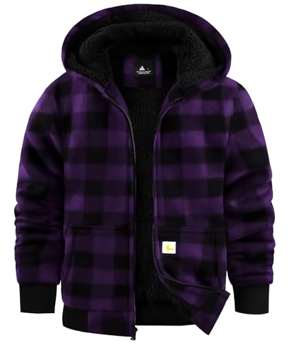 zitysport Boy Fleece Jacket Kids Winter Plaid Full-Zip Hoodie Fleece Lined Sherpa Sweatshirt Boy's Jacket Soft Warm Hooded Flannel Jacket for Children (L, Purple)
