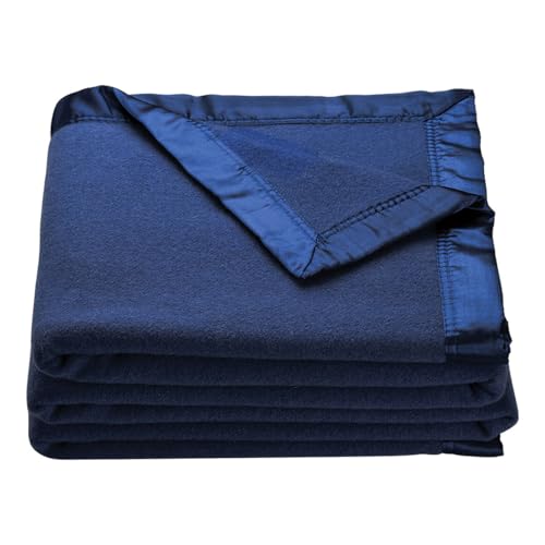 OakRidge Heirloom Merino Wool Blanket – 100% Australian Wool with Vintage Satin Edges – Breathable, Odor-Resistant, All-Season Bedding in Full/Queen Size – Navy Blue Cozy Throw for Home or Travel