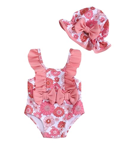 NZRVAWS Newborn Baby Girl Swimsuit One Piece Toddler Girl Bathing Suit with Hat Ruffled Bikini Infant Girls Swimwear