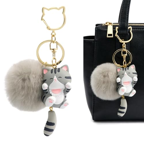 Floruvia Llavero de Gato Kawaii con Pom Pom Esponjoso, Encantador Colgante para Bolsas para Niñas y Mujeres, Hermoso Regalo y Decoración de Mochila