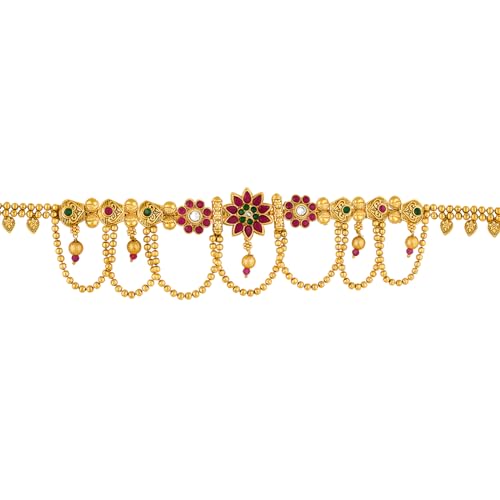 Image of Peora Traditional Gold Plated Rani Pink Green Synthetic Stone Studded Belly Chain Kamarband Ethnic Fashion Jewellery for Women Girls