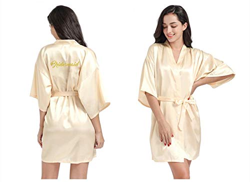 Andolly Women's Satin Robes Gold Glittering Bride Bridesmaid Wedding Silk Kimono Pockets One Size Champagne #TOP2