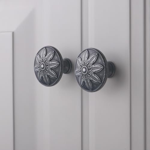 Image of 4 Pack Antique Silver Cabinet Knobs Vintage,1.4 inch Round Vintage Silver Kitchen Cabinet Handles for Cabinets and Dresser Drawers,Dresser Knobs Drawer Knobs