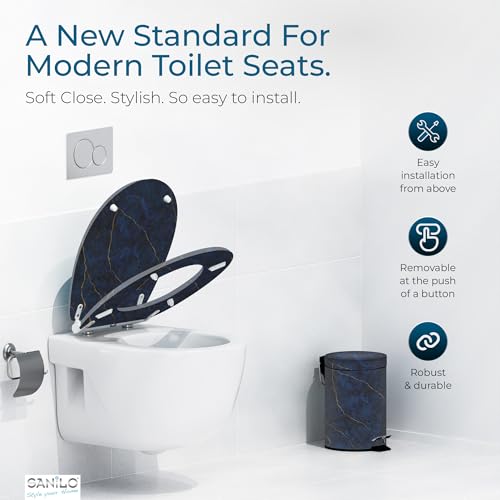 Image of Sanilo Wooden Toilet Seat with Quick Release & Soft Close [ROUND] - Decorative & Slow Close Molded Wood Seat - With One Click for Easy Installation & Cleaning - With Adjustable Fit (Marble Darkblue)