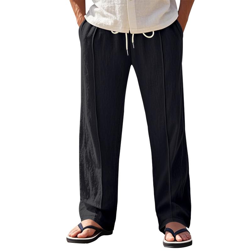 Summer Mens Linen Pants Loose Fit Solid Color Casual Trousers Comfy Lightweight Drawstring Waist Pants Wide Legs Fall Clothing Black S(Black,XX-Large)