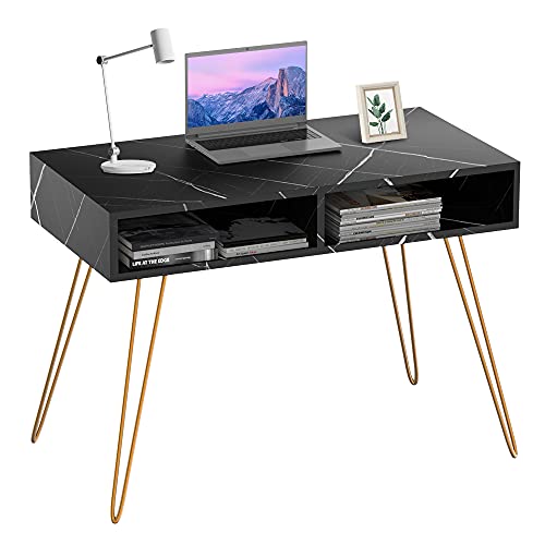 VANSPACE 40   Marble Writing Desk Hairpin Desk with 2 Open Storage Cubbies, Home Office Computer Desk Simple Study Table Dressing Desk with Gold Metal Legs, DK08 Black