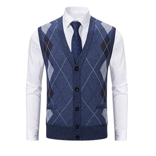 Mens Sweater Vest Classic Argyle Knitted Cardigan Sweater V Neck Sleeveless Slim Fit Waistcoat Plus Size Knit Vest