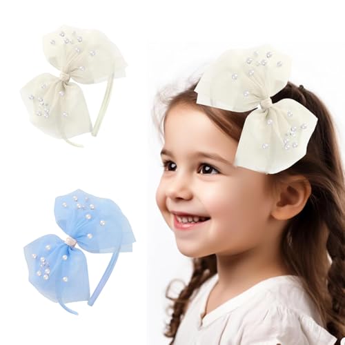 2 diademas de lazo de perlas para niñas, elegante diadema de velo de encaje con lazos (blanco, azul)