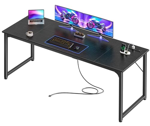 PRAISUN 70 X 24 Inch Office Computer Desk with Power Outlets and USB-C Port, Larger and Longer Gaming Desk, for Home Office, Study, Writing Work from Home Table, Metal Frame, Black