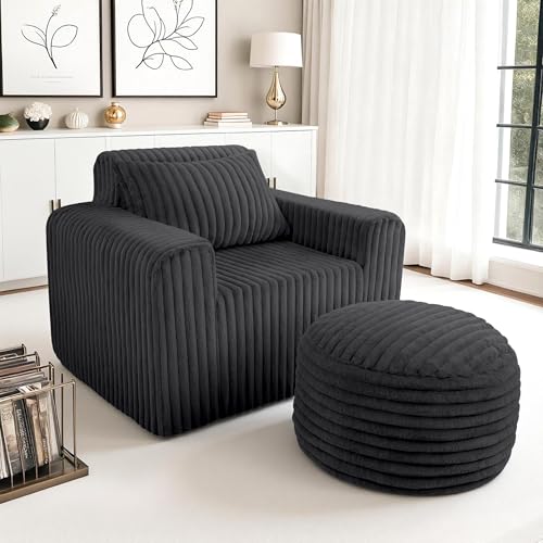 HABUTWAY Bean Bag Chair for Adults with Pillow Giant Bean Bag Chairs with Ottoman Comfy Dorm Chair with High Backrest & Wider Armrest Lounger Chair Indoor for Bedroom Living Room(Black)
