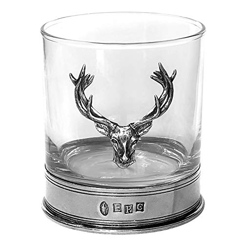 English Pewter Company Bicchiere in vetro di Whisky con testa di cervo con base in peltro [STAG 104]