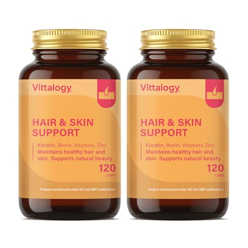 VITTALOGY Hair & Skin Support Complemento Alimenticio de Vitaminas, Biotina, Queratina y Zinc para Fortalecer Pelo, Piel y Uñas. Suplemento Natural Contra Caida Cabello de Mujer y Hombre. 240 Cápsulas