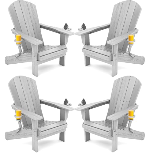 SERWALL Outdoor Adirondack Chairs Set of 4 with 2 Cup Holders,Sliver Grey