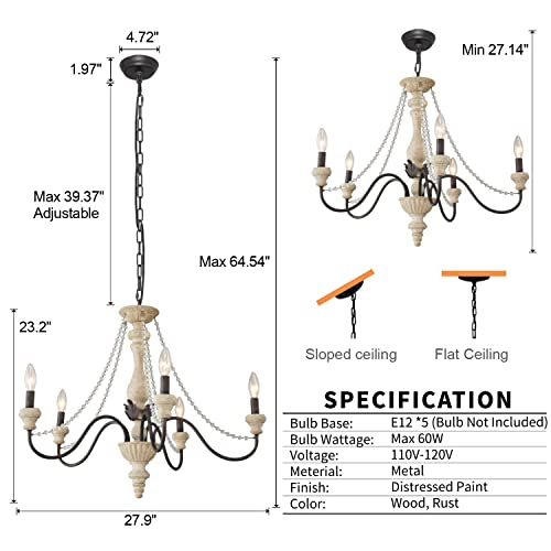 Ziralio 5-Light French Country Chandelier Vintage Rustic Chandelier With Glass Bead For Kitchen Island Dining Room Living Room,28In #TOP6