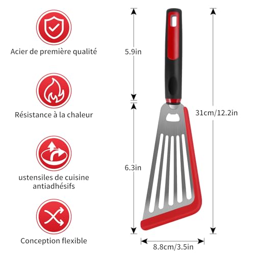 SAVORLIVING Spatule à poisson pour ustensiles de cuisine antiadhésifs, spatule fendue en silicone résistante à la chaleur, spatule de cuisson flexible en acier inoxydable pour poisson, oeuf, crêpe – vue 7