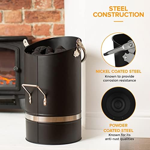 LIVIVO Ellipse Coal Bucket With Nickel Coated Handle - Powder Coated Stainless Steel - Heavy Duty Multipurpose Fireplace Coal Hod