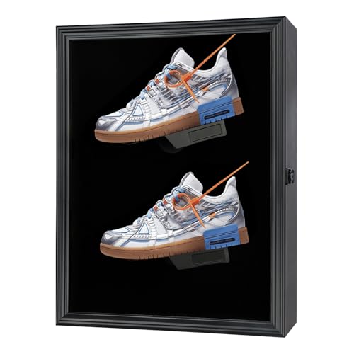 JDECO Shoe Display Case Memorabilia Display Case Shoe Wall Mount Wooden Sneaker Cabinet for Football Basketball Baseball Sports Shoes Display with Anti Fade UV Protection Acrylic Door Lockable