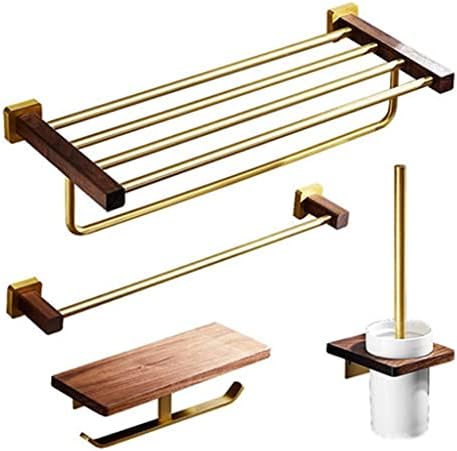 TJLSS Solid Wood Walnut Towel Rack Bathroom Towel Rack Bathroom Shelf Brushed Gold Bathroom Hanging Rod Wall Hanging Set