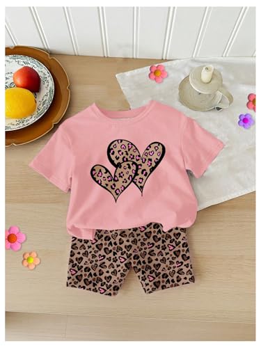 Verdusa Toddler Girl's 2 Piece Heart Leopard Print Outfits Short Sleeve Tee Top and Biker Shorts Set3