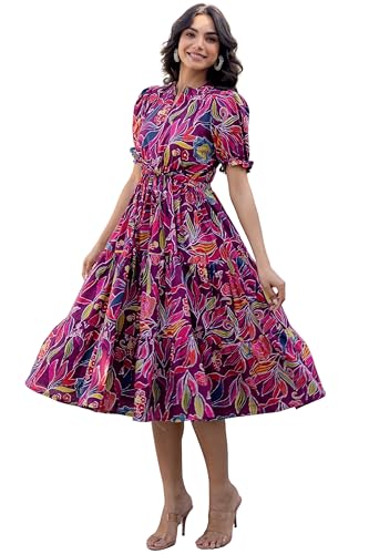 Image of LABEL ADRIJA Pure Cotton Calf Length Midi Dress for Women Floral Print | Flared Anarkali Dress Puff Sleeves