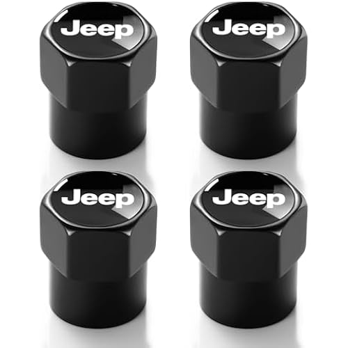 Tire Valve Stem Cap for Jeep Metal Tire Stem Cover with Belt O-Ring Air caps Sports Accessories 4 Pieces (Black)