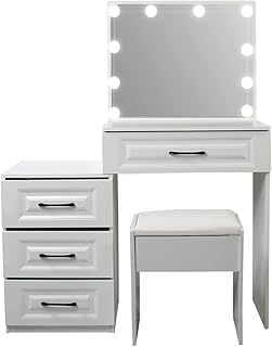 Saihemei Makeup Vanity Desk with Lighted Mirror, Dressing Table Set with Soft Cushioned Stool and White and Black F15 F15