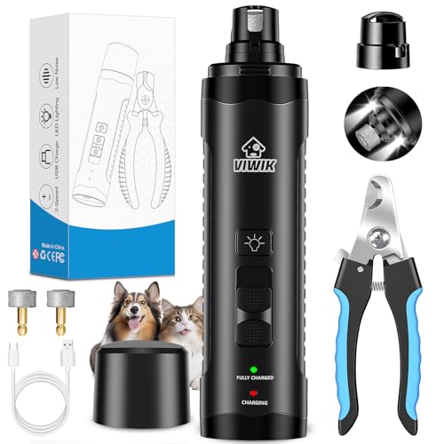 VIWIK 犬用ネイルグラインダー、大型中型小型犬&猫用犬用ネイルトリマー、超静音電動ペットネイルクリッパーキット、ライト付き、2速USB充電式ペット足グルーミングツールブラックの商品画像（Amazon）