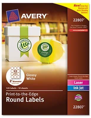 Avery 22807 Round Easy Peel Labels44; 2 in. Dia.44; Glossy44; White44;  120-Pack